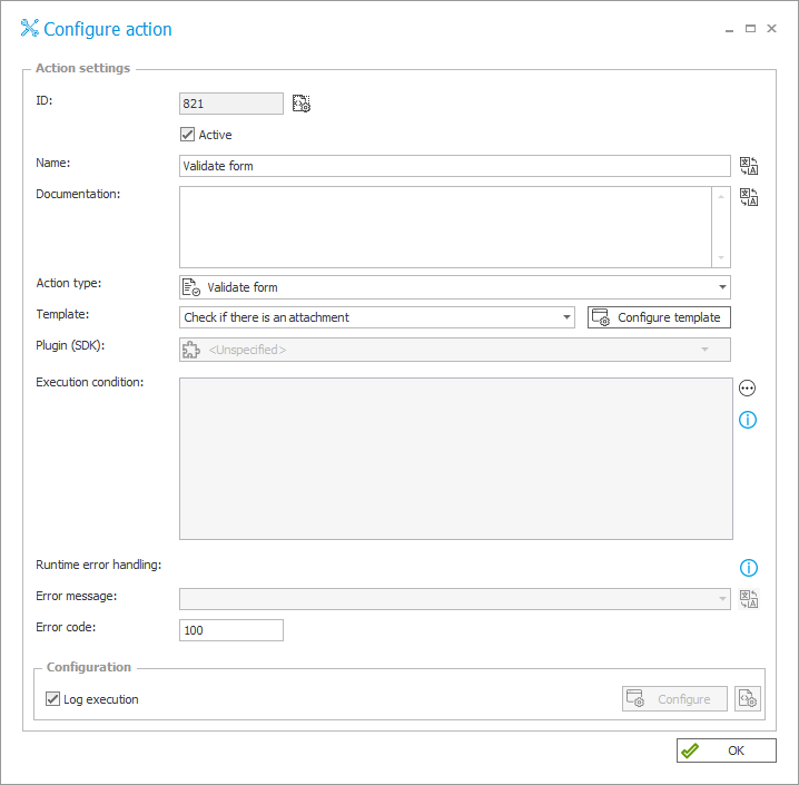 Action configuration from template