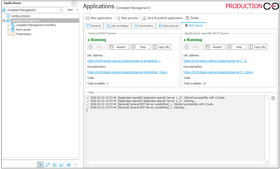 MCP server administration page