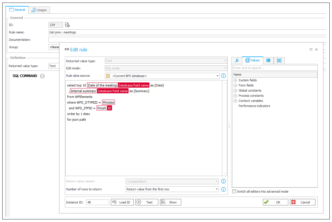 get previous meetings business rule