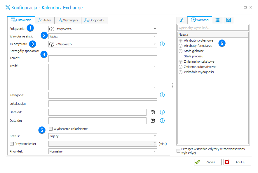 Kalendarz Exchange_Ustawienia