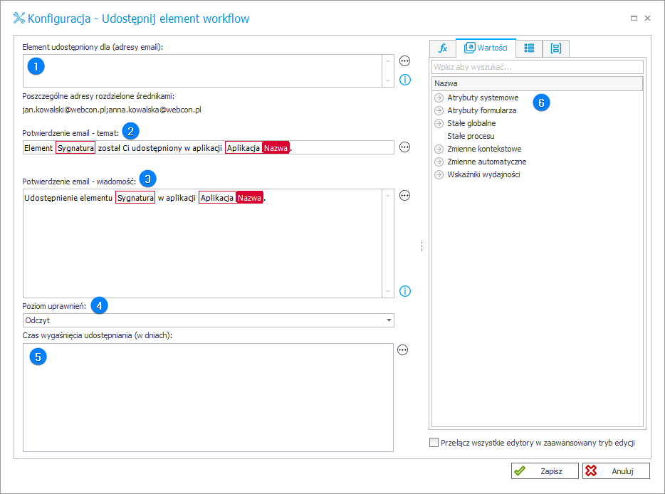 Udostępnij element workflow