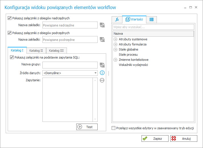 Konfiguracja widoku powiązanych elementów workflow