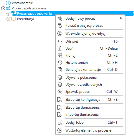 Menu kontekstowe procesów