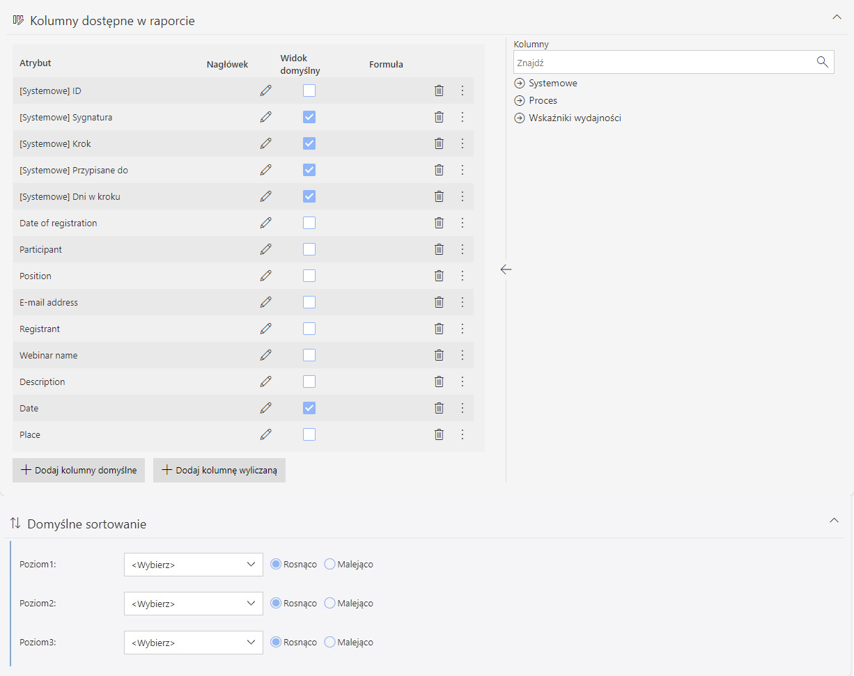 Kolumny dostępne w raporcie