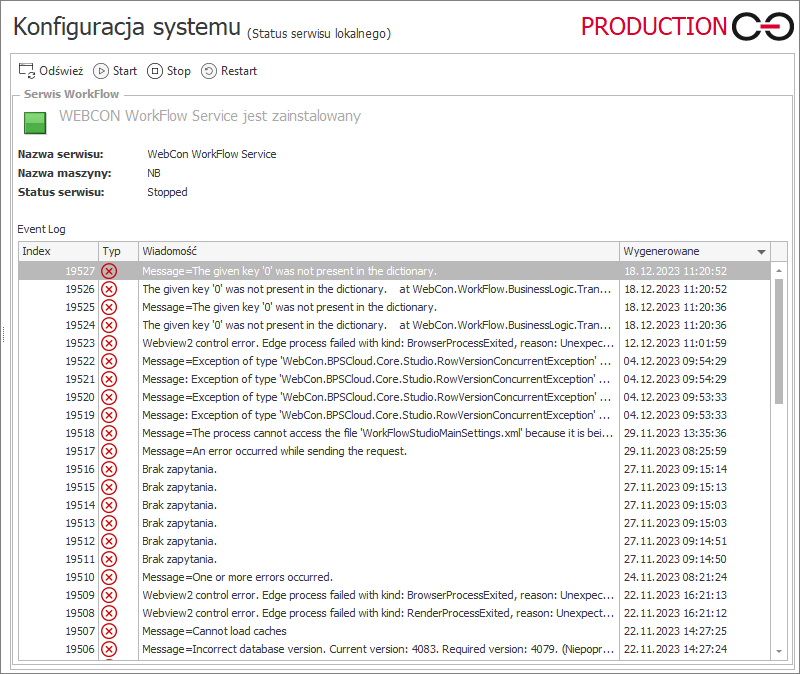 Status serwisu lokalnego