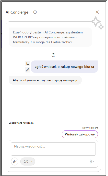 AI Concierge podpowiadający przekierowanie do nowego elementu